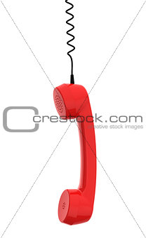 Red Retro Business Telephone Receiver Hangs by its Cord on White Background