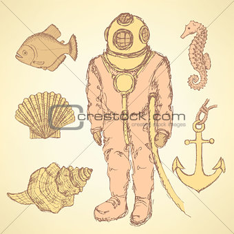 Sketch  vintage diving suit and sea creatures