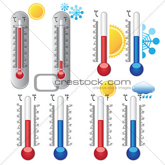 Thermometers with weather icons.