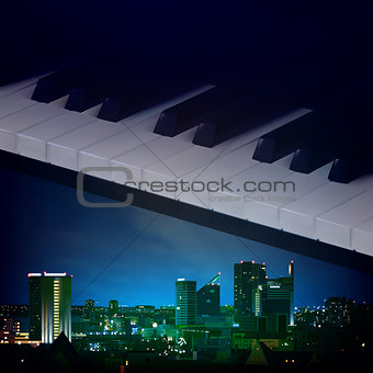 abstract night background with city and piano keys