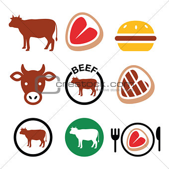 Beef meat, cow vector icon set