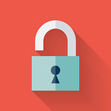 Flat open padlock icon over red