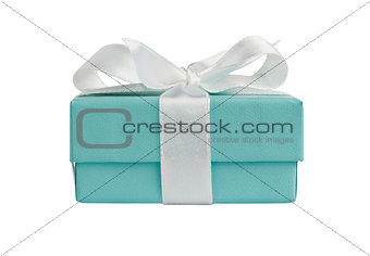 Side view of isolated turquoise gift box on white