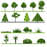 Set of abstract trees, shrubs, grass on a white background.