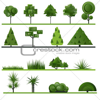 Set of abstract trees, shrubs, grass on a white background.