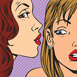 Gossips whisper of a womans ear. Emotional reaction men pop art 