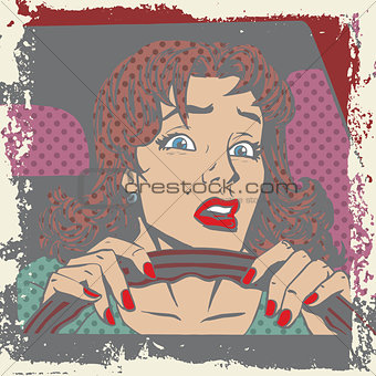  Scared woman driver behind the wheel of a car pop art comics re