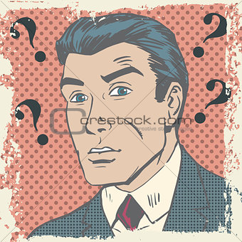 Confused man emotion misunderstanding the questions pop art comi