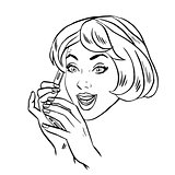 Young woman talking on smartphone retro line art 