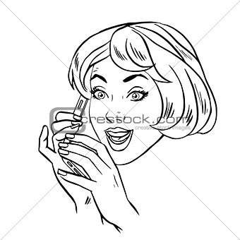Young woman talking on smartphone retro line art 