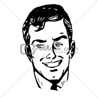 Smiling man face retro line art 