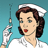 Retro nurse gives an injection syringe medicine health