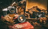 Two old cameras and a lens with leaves and old books and a wooden box