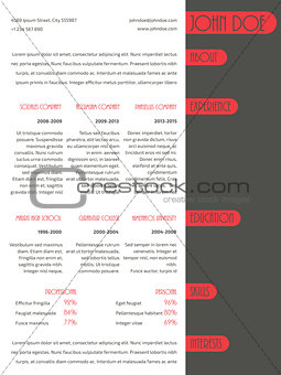 Simplistic resume curriculum vitae template with red stripes