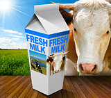 Fresh Milk Carton in Countryside with Cow