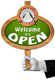 Welcome it is Open - Sign with Hand of Waiter