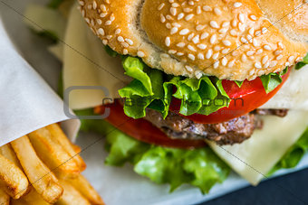 Homemade Hamburger with Fresh Vegetables and French Fries