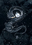 Dark dragon with a shining pearl in the starry sky