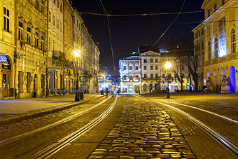 Tram in the Old Town in Lviv, Ukraine. 