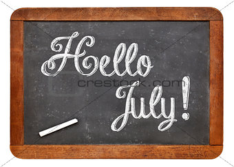 Hello July sign on blackboard