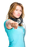 Young woman is showing a fist on white 