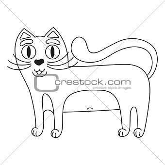 Funny cute red cat with white tummy, coloring book page