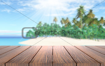 3D wooden table looking out to a tropical island in sea