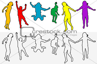 Set of children outline silhouettes jumping