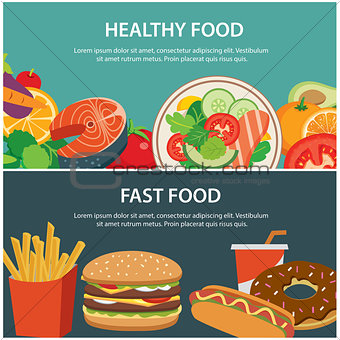 healthy food and fast food concept banner flat design