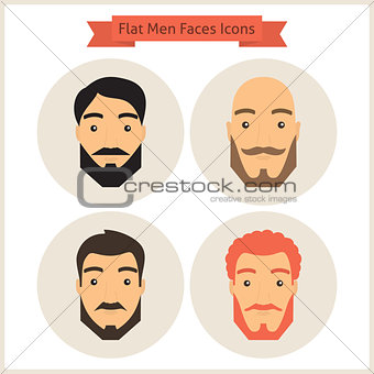 Flat Circle Men with Beard Faces Icons Set