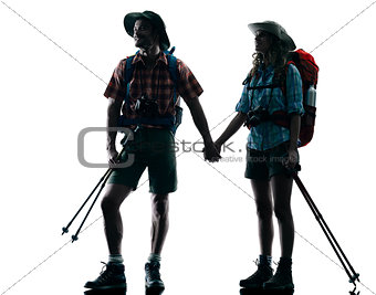 couple trekker trekking nature silhouette