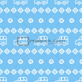 Seamless pattern with hand drawn cars, squares and circles.