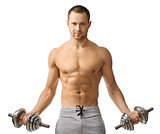 Muscular bodybuilder guy doing exercises with dumbbells 