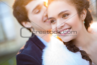 Close portrait of happy wedding couple