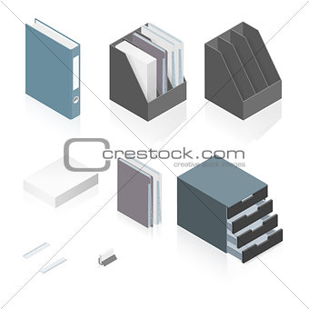 Files, folders, paper stack, storage boxes and a detailed isometric set