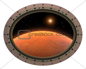 Futuristic Space Station Porthole. View To Red Planet.