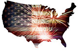 USA Flag in Map Silhouette with Fireworks