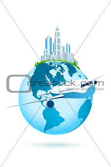Earth Icon with Business City and Airbus. Isolated on white back