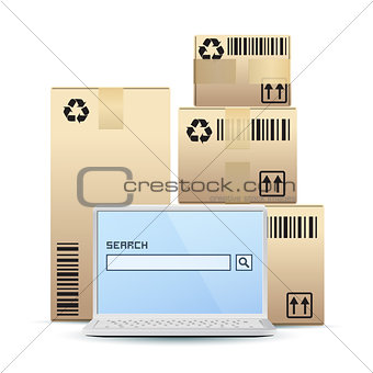 Laptop with Search Field on Screen and with Cardboard Boxes on t
