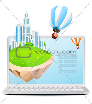 Laptop with Flying Island and Hot Air Balloon isolated on white 
