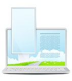 Laptop with Green Landscape and Vertical Bigboard Icolated on Wh