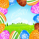 Green Landscape Background with Easter Eggs