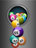 bingo balls falling from a metallic ring background