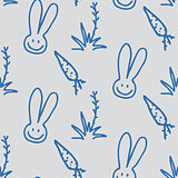 Vector seamless print pattern of rabbits, carrots and shrubs
