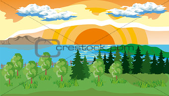 Landscape with Trees, Lake and Sun