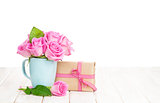 Valentines day pink roses bouquet and gift box