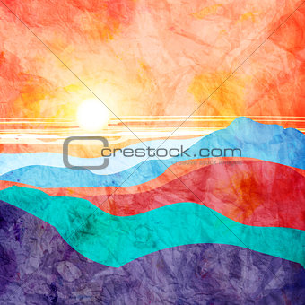 bright watercolor landscape with sunset