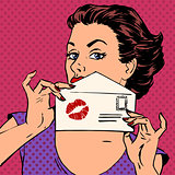 girl with envelope for letter and kiss lipstick pop art