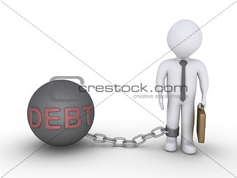 Businessman with a debt chain ball