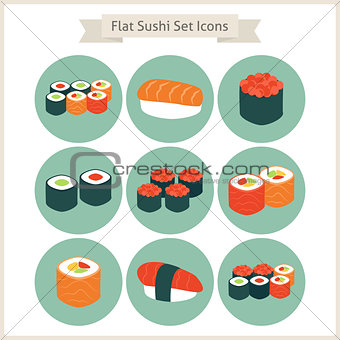 Flat Big Food Sushi Set Circle Icons